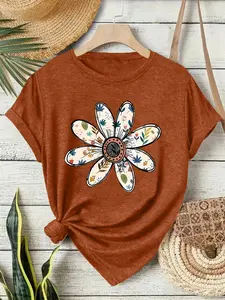 Women's Dandelion Print Round Neck Tee, Vintage Trendy Casual Short Sleeve T-shirt for Daily Wear, Ladies Summer, Top