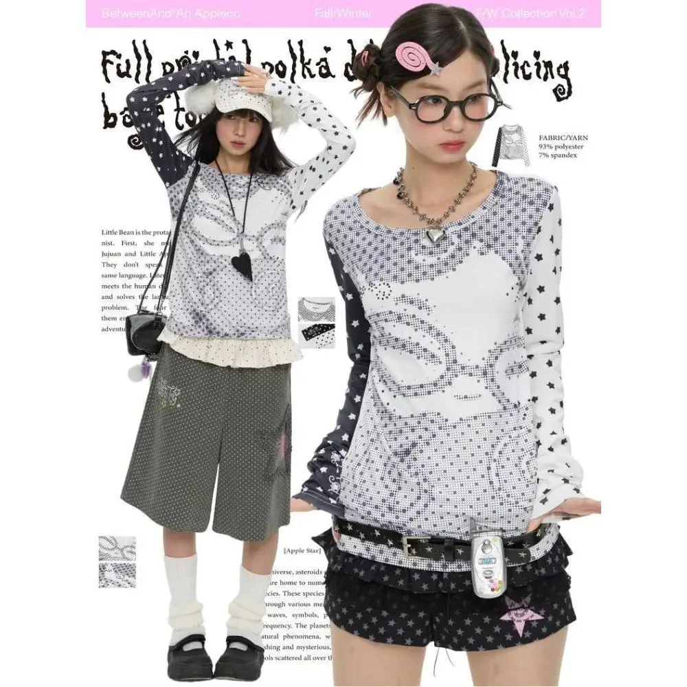HOUZHOU Y2k Vintage Anime Juminocore Women T-Shirts Polka Dot Long Sleeve Japanese Harajuku Fashion Slim Tees Subculture Gyaru