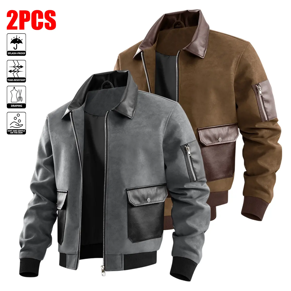 2Pcs Men'S Casual Jacket, Flight Jacket, Zip Closure with Lapel Design, Lightweight Business-Style Windbreaker, Machine Washable, Suitable for Daily Life, Work Travel, Outdoor Leisure, And Formal Wear - Spring/Autumn/Winter.