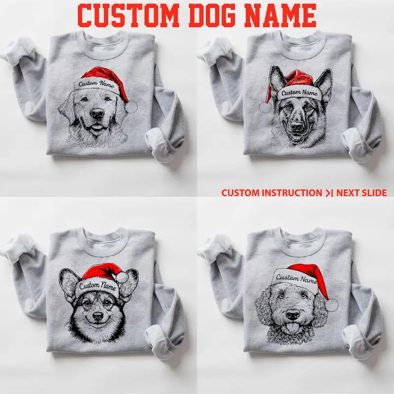 Custom Any Name, Santa Paws Christmas Dog SPORT GREY Sweatshirt – 50 Dog Breeds in Festive Santa | Gildan Unisex Holiday Pullover