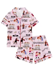 Teen Notebook Movie Lapel Short Sleeve Pajama Set, Comfortable Sleepwear, Loungewear, All-Season Loose Fit, Geometric Pattern, Gift Idea