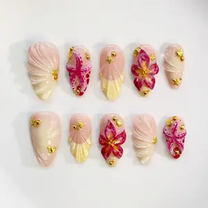 Holiday Starfish Nails/Blooming Yellow Flower Press on nails long almond nails/Burgundy Floral Nails/Yellow Nails/Summer Nails/3D Gel Nails F5LN0E