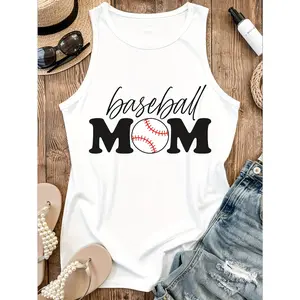 Women's Baseball Mom Sleeveless Tank Top - Mother's Day Gift, White Geometric Print with Bold Lettering & Baseball Design, Medium Stretch Round Neck Spring Summer Casual Wear, Machine Washable, Baseball Mom Shirt, Nontransparent Material