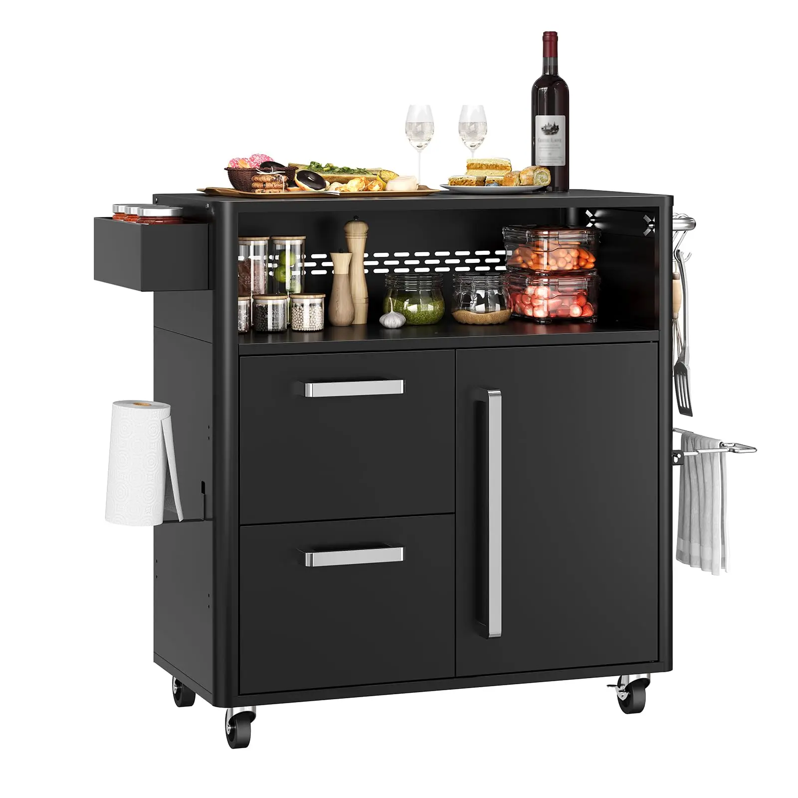 Stainless Steel Outdoor Grill Cart - Outdoor Kitchens Prep Table with Enclosed Storage Cabinet, Rolling Wheels for Backyards, Parties, Heavy Equipment Support, Four Locking Wheels