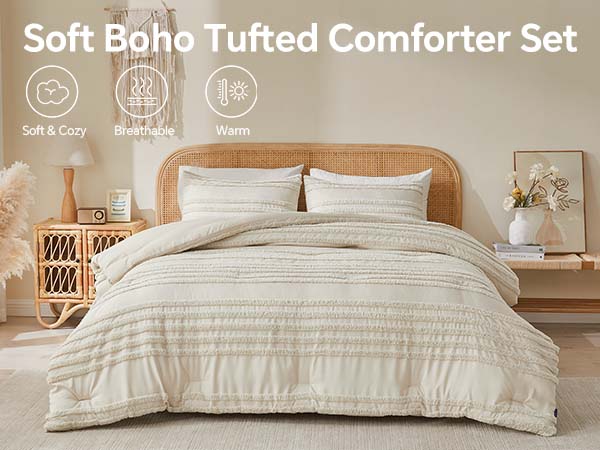 BEDELITE Boho Comforter Set, Tufted Striped Bed Set  Soft Vintage Farmhouse Comforter for All Seasons, Boho Home Decor Fluffy Jacquard Bedding Pillow Shams