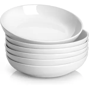 Waveports Pasta Bowls, 30oz Salad Bowls White Soup Bowls Large Pasta Serving Bowl Porcelain Pasta Plates Wide and Shallow Bowls Set of 6 Microwave Dishwasher Safe Valentines Day Gift