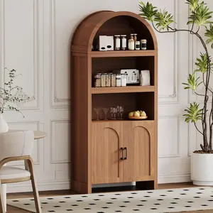 71" Tall Arched Bookcase Cabinet – 5-Tier Wooden Storage Pantry with Mid-Century Doors, Adjustable Shelf, 3 Open Display Shelves, Modern Organizer for Dining Room, Kitchen, Living Room, Office