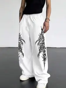 Men's Casual Sporty Long Pants, Thorn Totem Pattern Print, Drawstring Wide Leg, All Season Loose Fit, Men's Fashion Clothing