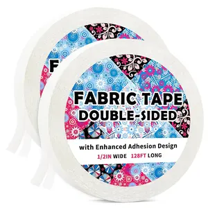 2 Rolls Double-Sided Fabric Tape with  Adhesion, 1/2" x 128FT Hemming Tape No Sew No Iron for Pants Quick Clothes Repairs Hemming Curtains Crafts Peels Off Easily