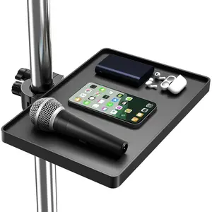 Functional Metal Microphone Stand Tray with Phone Holder - Universal Large Mic Stand Tray Shelf Clamp on Music Stand Tray Attachment for Studio Concert Karaoke Stands with 11.7" x 7.8" for Storage