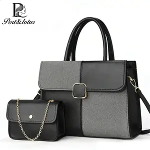 Port&Lotus Large Capacity Leather Crossbody Bag Set for Women Spliced Design Handbag for Women with Top-Handle & Adjustable Shoulder Strap