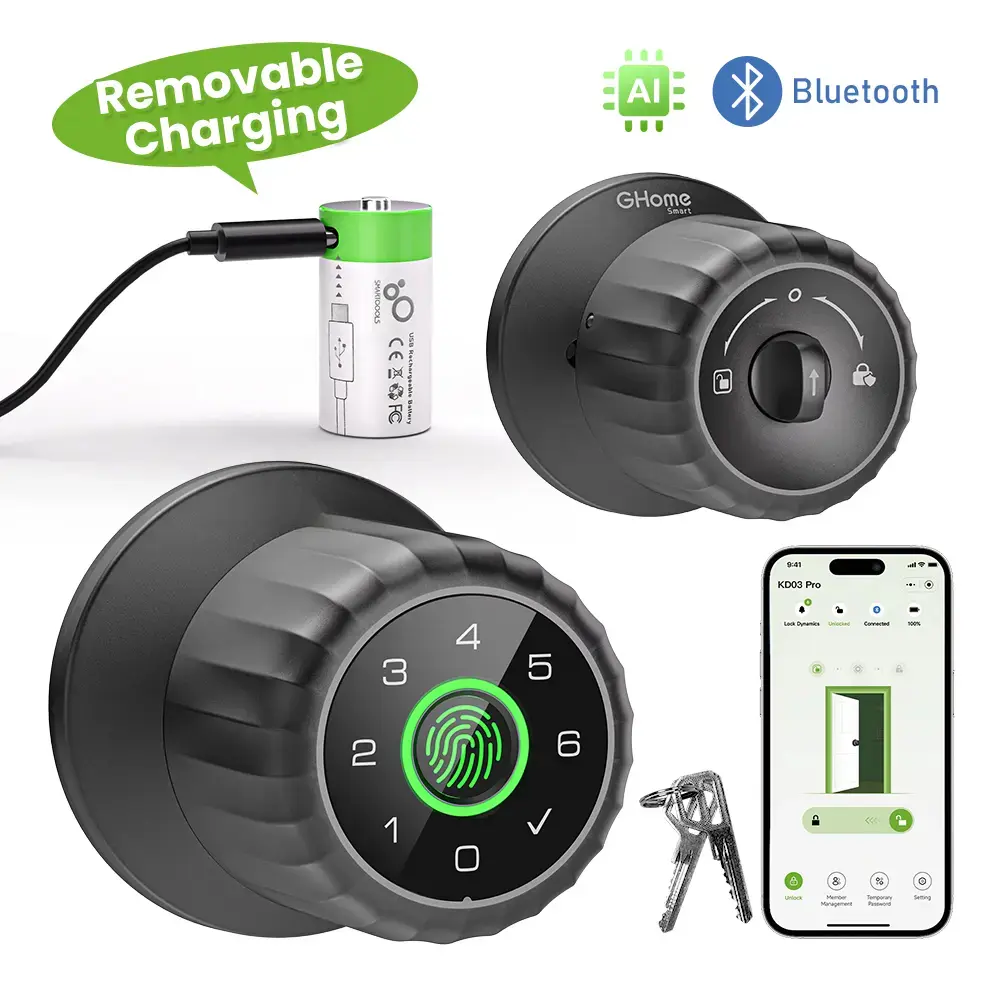 4-in-1 Modern Round Smart Keyless Entry Door Knob with Biometric Fingerprint, Keypad, App & Bluetooth Control, Rechargeable Battery, Removable Charging Design for Home Door Locking Supplies