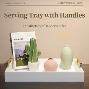 Moonlit Pond Decorative Serving Tray 16"x12" with Handles for Living Room Bathroom & Outdoors Acacia Rustic Modern Design Home Organizer Black/White/Grey