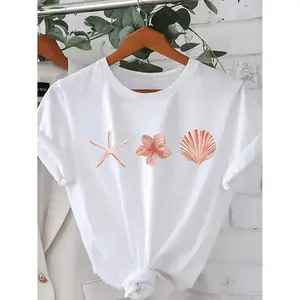 Women's Casual Short Sleeve T-Shirt: Seashell & Starfish Print Summer Vacation Top, Relaxed Fit Round Neck, Soft Stretch Breathable Nontransparent Fabric, Machine Washable, Plus Size Available - Beach/Summer Holiday Casual Attire