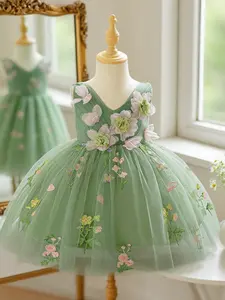 Baby Girl Green Pretty Dress Flower Embroidery Sleeveless V Neck Design Elegant Dress Baby Girl Clothes