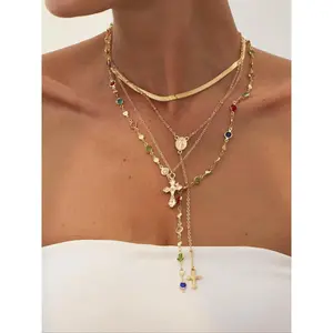 4 Piece Vintage Metal Jesus Cross Y-Style Long Necklace Set, Stunning Bohemian Colorful Crystal Pendant for Women, Perfect for Everyday and Vacation Wear, Layered Necklaces