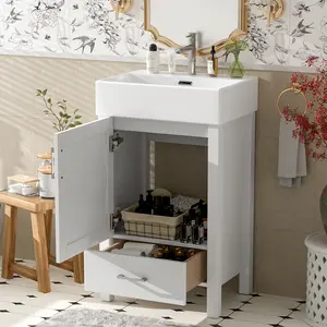 20.28'' White Modern Bathroom Vanity with Ceramic Sink, Solid Wood Frame, and Drawer – Ideal for Small Bathrooms.