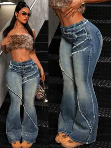 Women's Bootcut Jeans With Waist Buckle Design。Women's Distressed Fitted Flare Jeans，Y2K Fashion Trend Washed Denim Jeans，Perfect for Everyday Wear。