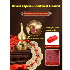 Summervibes 5 Emperor Coins Brass Fengshui Ornaments Set with Openable Brass Gourd - Wealth & Protection Amulet, Strong Hooks, Vermilion Powder Included - Home/Car Decorative Ornament for Chinese New Year, Grand Opening