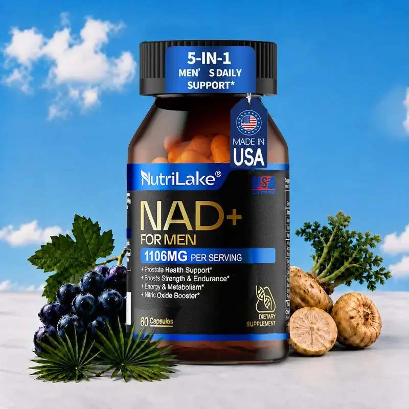 NutriLake NAD+ Suger Free Supplements for Men-Liposomal,Energy Support,Wrinkle Defense,Complex with Trans-Resveratrol,CoQ10,Ashwagandha,Niacin,Vitamin B6,Supports Cellular Renewal, Energy & Performance - 60 Capsules Dietary Supplement Vitamins