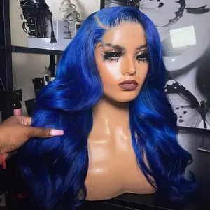Navy Blue 13X4 Body Wave Lace Frontal Wig Pre Plucked Colored Royal Blue Lace Front Synthetic Hair Wigs Glueless Colorful Wigs For Women Daily Use