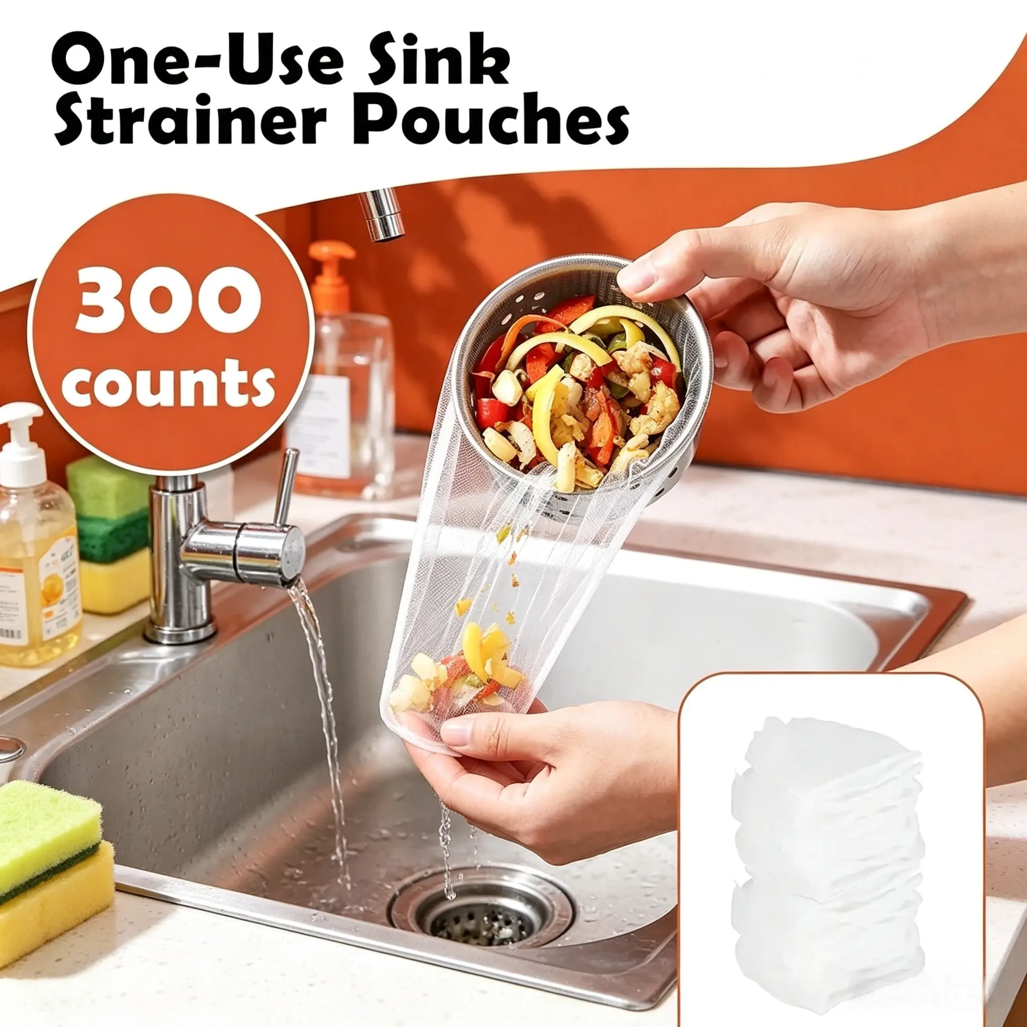 300 disposable sink filters, kitchen sink filter bags, fine mesh sink filters, kitchen sink food collectors, anti clogging sink filters, easy to clean sink filters, universal sink bags