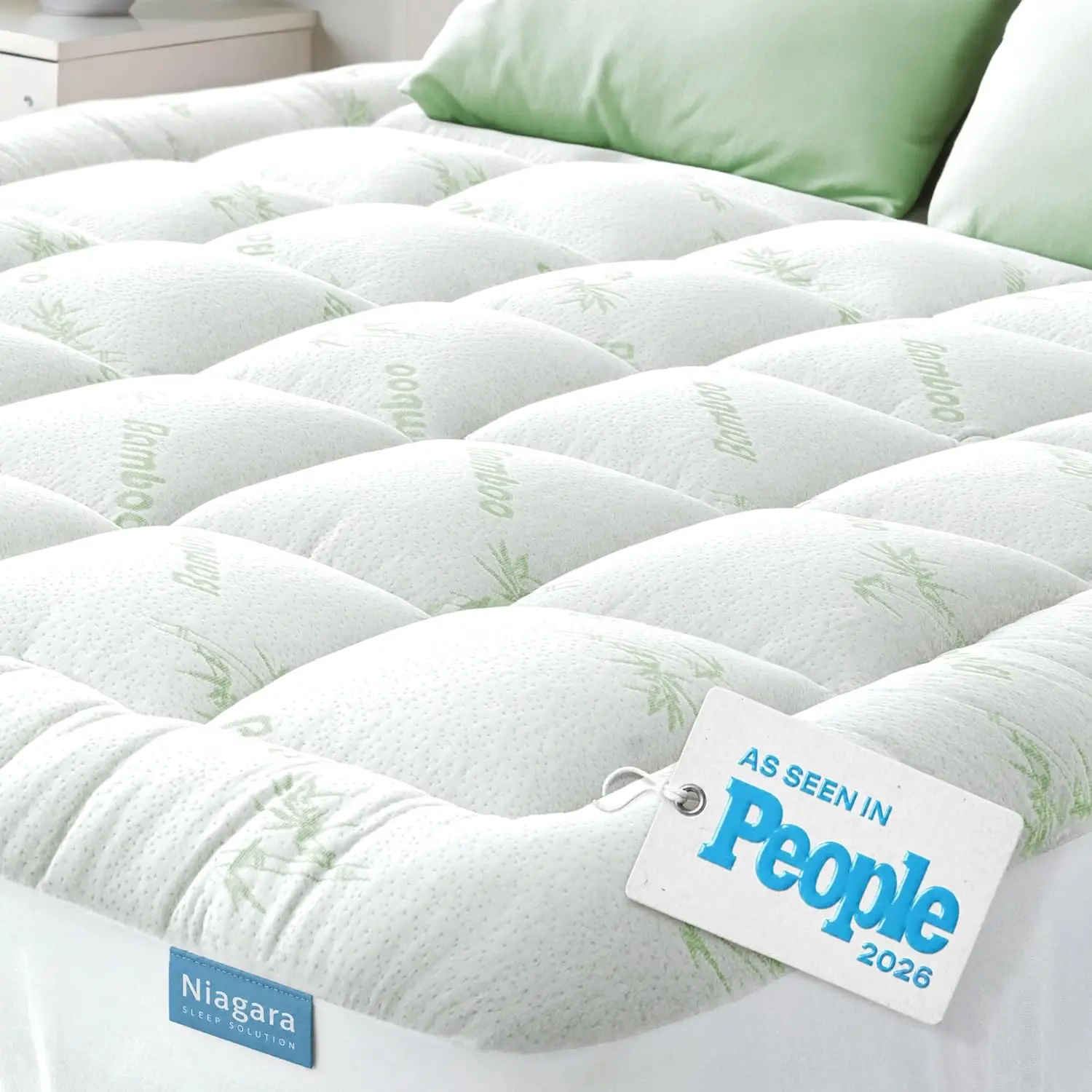Niagara Sleep Solution Ultra Soft Cooling Bamboo Mattress Topper - Queen Size, Rayon-Derived from Bamboo, Pillow Top Mattress Pad, 20" Deep Pocket, Back Pain Relief, Ideal for Hot Sleepers, Green, Bamboo Topper Mattress