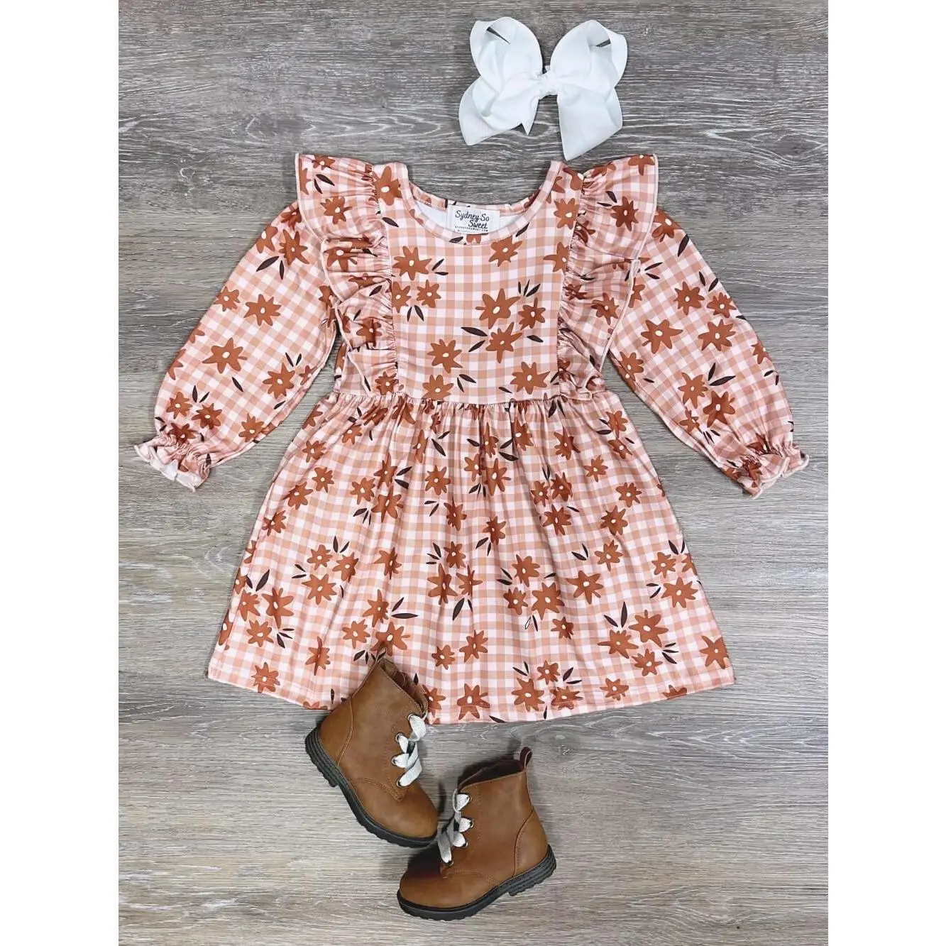 Autumn Floral Ruffle Trim Girls or Toddler Size Long Sleeve Ruffle Trim Dress