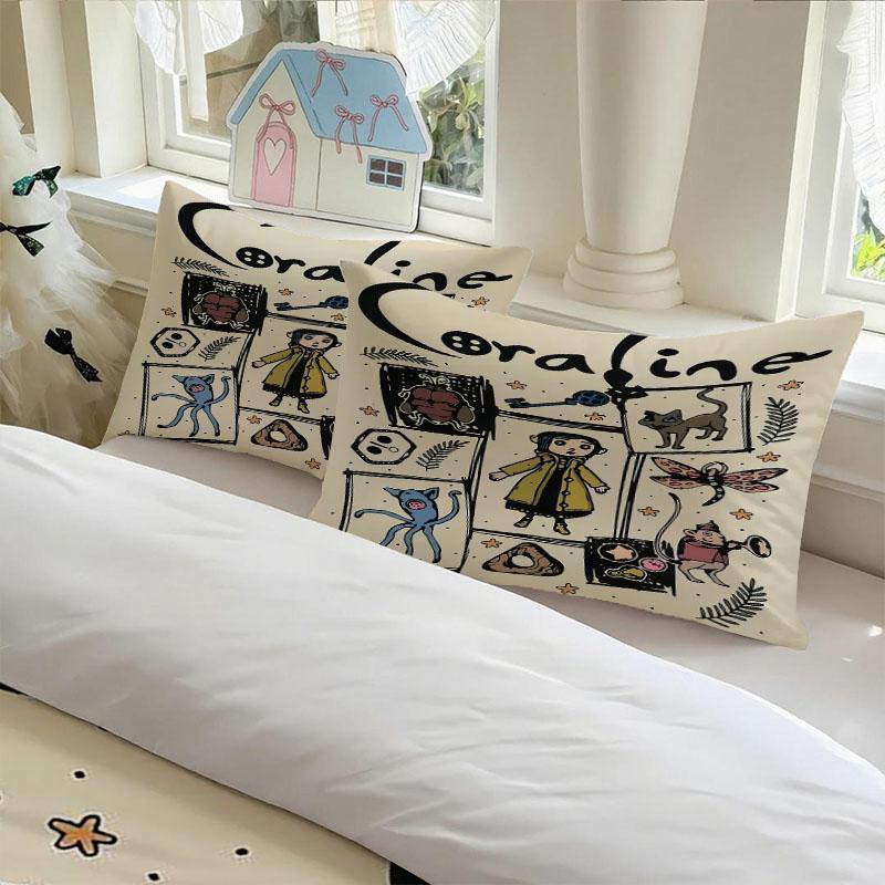 3pcs C-coraline Comic  Theme Bedding Set, Light Base, Vintage Fun Fantasy Dark Style, 1 Fitted Sheet + 2 Pillowcases, Soft