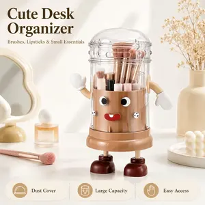 Cute Character Makeup Brush Holder with Lid  Dust-Proof Vanity Lipstick Organizer  Kawaii Desktop Storage