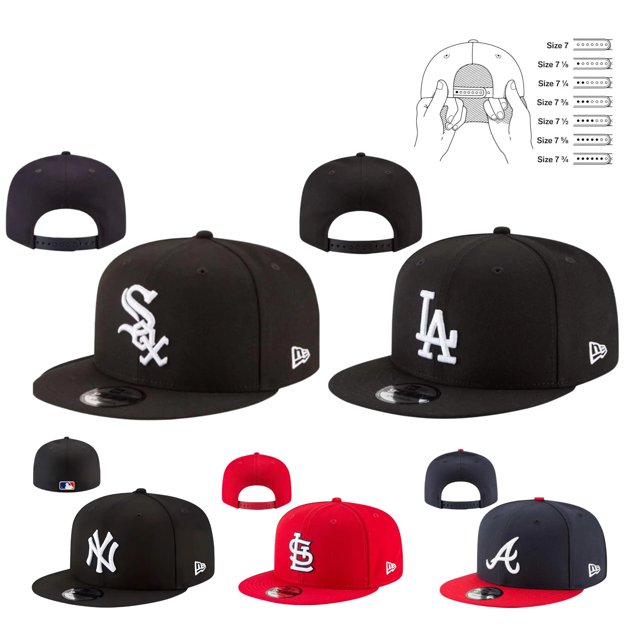 New Era MLB Adjustable Snapback Cap – Flat Brim Hat Featuring Seattle Mariners, Los Angeles Dodgers, New York Yankees, Washington Nationals, Chicago White Sox, Pittsburgh Pirates, St. Louis Cardinals, Cleveland Guardians & Atlanta Braves Team Logos