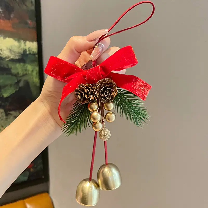Holiday Christmas Hanging Bell Decoration, Red Velvet Bow Pinecone Artificial Pine Sprig Ornament for Xmas Tree & Car Interior