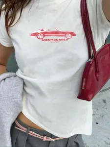 Women's Car & Letter Print Round Neck Tee, Casual Streetwear Short Sleeve Crew Neck Fitted T-Shirt for Summer, Fashion Women's Top for Daily Wear
