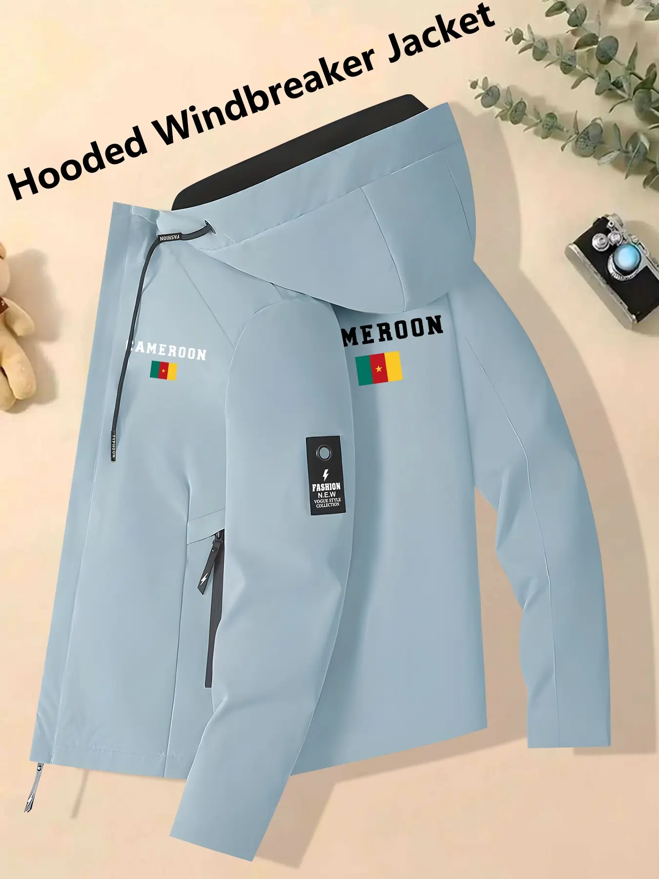 Women's Hooded Windbreaker Jacket Light Blue Cameroon Flag & Letter Print Windproof Waterproof Breathable Relaxed Loose Fit Skin-Friendly Versatile Outerwear for Patriotic Style Fans Perfect for Commuting Hiking & Outings