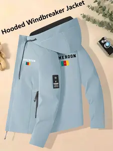 Women's Hooded Windbreaker Jacket Light Blue Cameroon Flag & Letter Print Windproof Waterproof Breathable Relaxed Loose Fit Skin-Friendly Versatile Outerwear for Patriotic Style Fans Perfect for Commuting Hiking & Outings