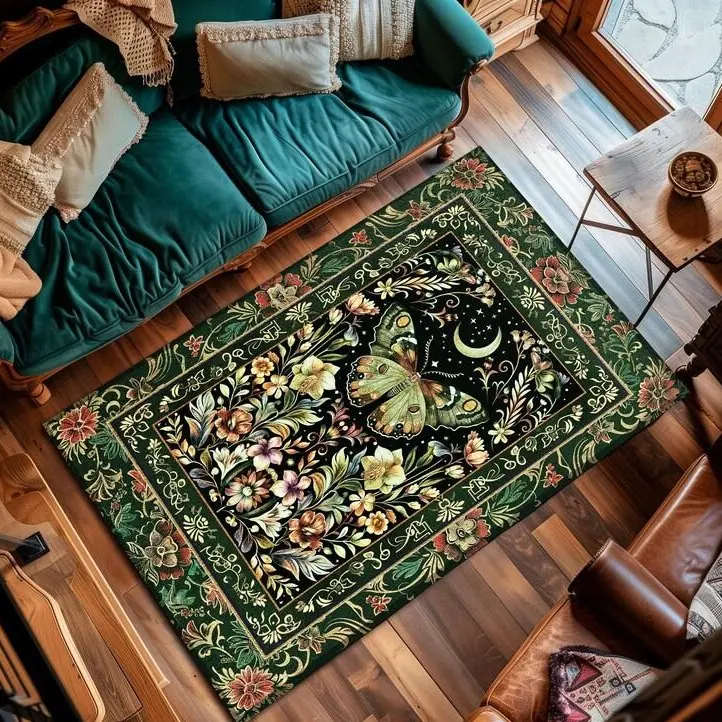 Boho Botanical Moth Rug Floral Grunge Fairycore Room Decor, Woodland Gothic Moon Butterfly Forest Green Forestcore Celestial Cottagecore Rug