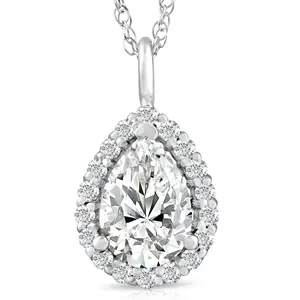 2 1/6 Pear Shape Moissanite & Lab Grown Diamond Halo Pendant 14k Gold Necklace