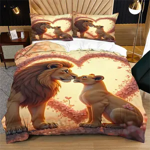 Warm Heart Lion King Simba Couple Print Decorative Duvet Cover Set, Includes 1 Duvet Cover and 1/2 Coreless Pillowcases, Romantic Valentine's Gift