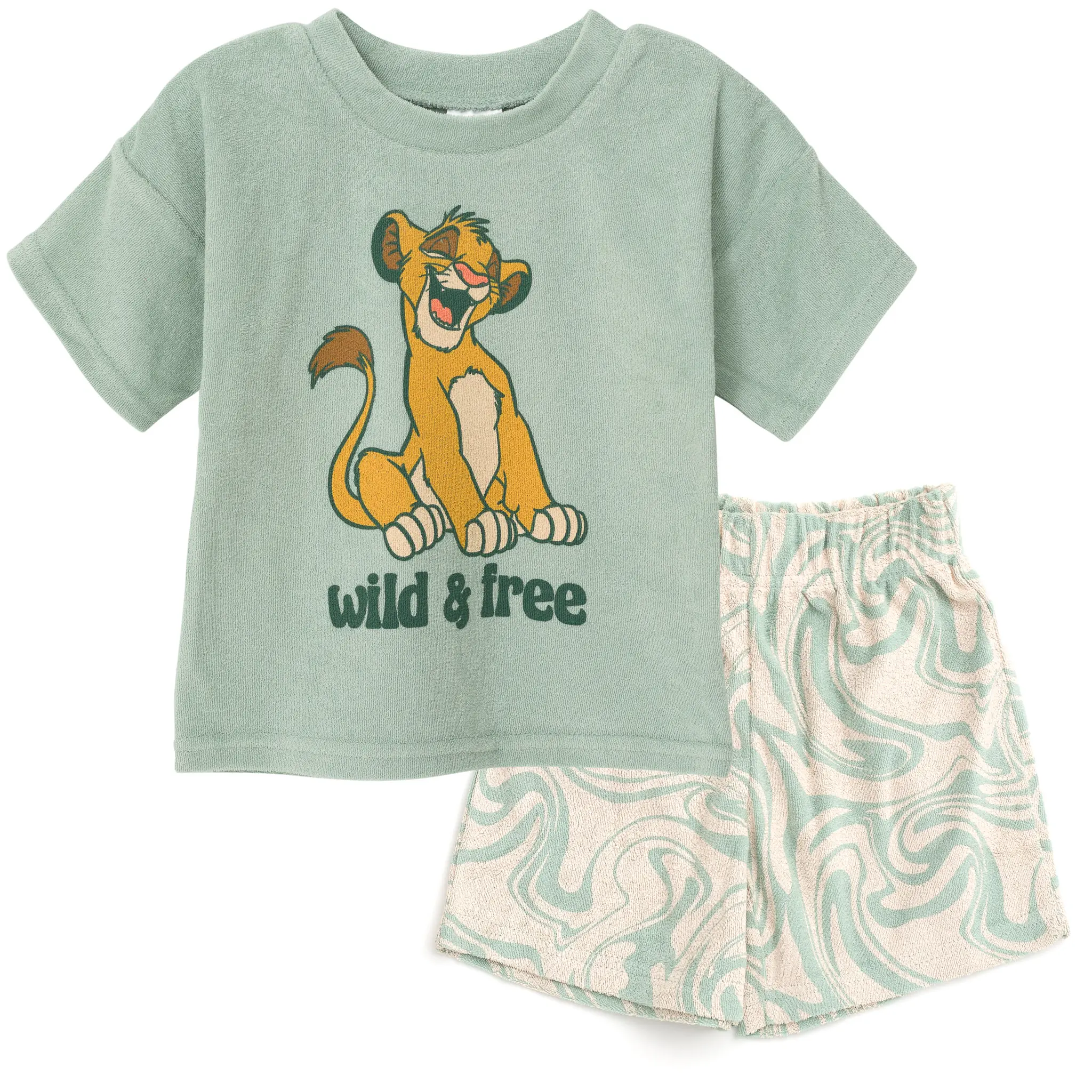 Disney Lion King Simba Boys' 2-Piece Outfit, Soft Loop Terry Drop Shoulder Graphic Tee and Wavy Swirl Shorts Set, 5 - 6 Years, Machine Washable, 4T, Retro, Pool Day, Wavy Swirls, All Over Print Boys' Sets, Casual Boys' Sets