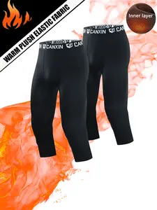 Men's Winter Warm Compression Capri Pants, Basketball Sports Tight Fit, Cycling Running Yoga, Sporty Style, 2 Pairs