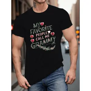 Men'S Plus Size Casual T-Shirt, "My Favorite People Call Me Grammy" Graphic Print, Crew Neck, Short Sleeve, Polyester 100%, Slight Stretch, Regular Fit, Geometric Pattern, Summer Knit Fabric Top for Daily Wear