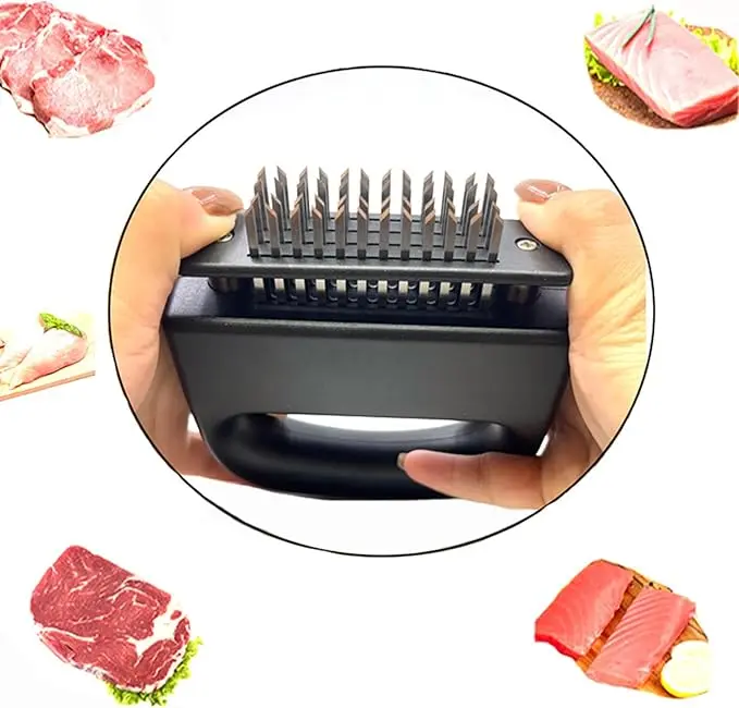 48 Ultra-Sharp Stainless Steel Needle Meat Tenderizer with Retractable Safety Guard, Ergonomic Non-Slip Handle Detachable Easy Rinse Kitchen Gadget for Steak Pork Chicken BBQ Marinade Absorption