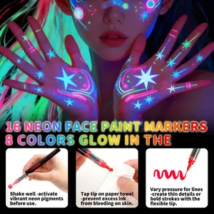 Flysea Neon Glow Pens, 8/16 Colors, UV Light Emitting, Fun and Creative, Perfect for Halloween, Christmas, New Year, Disco Parties, Body Paint, Face and Body Tattoos