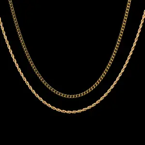 Essentials Rope + Cuban Chain Set for Men - 22" Plated Gold and Silver Chain, 316L Stainless Steel Base, Hypoallergenic, Tarnish Resistant