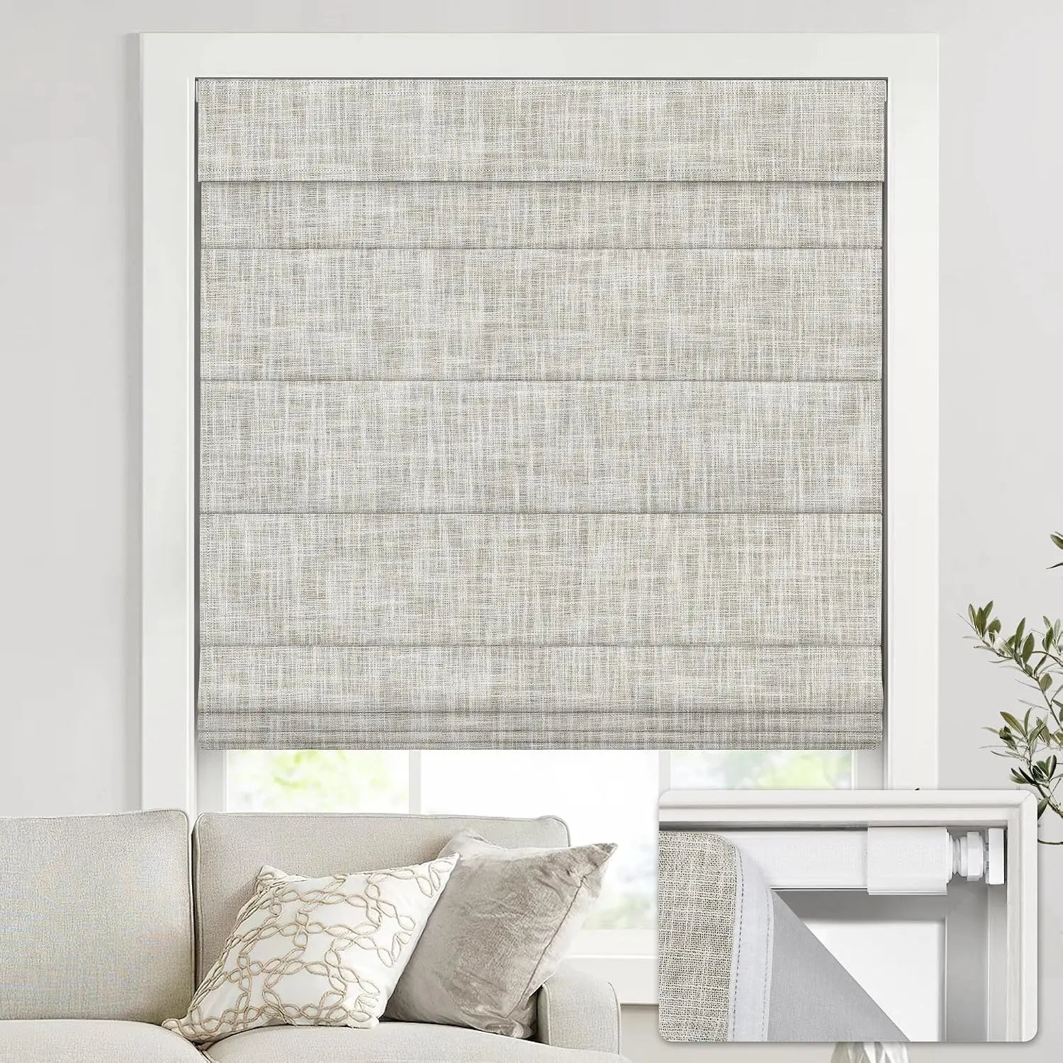 No Drill Cordless Roman Shades for Windows 35" W × 64" H 100% Blackout Linen Beige