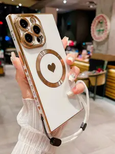 Champagne Color Electroplated Heart Phone Case Adjustable Lanyard Detachable Protective with Phone Charm Compatible With Iphone and Galaxy Series