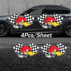 4PCS/SET "Playful Angry Racing Duck + Black-White Checkered Flag Logo (4Pcs/Sheet)" Car Racing Trendy Sticker For Body/Car Door Cross-border Hot Vibrant Goodie Adds Trendy Racing Texture Top For Car Racing Whimsical Style Fans