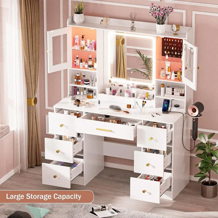 White Makeup  Desk With Mirror, Make Up  Desk With Drawers & Jewelry Cabinet,  Table,  Mirror Desk Dressing Table For Bedroom Vanity