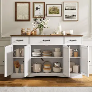 Gizoon Sideboard Buffet Cabinet with Storage, Modern Kitchen Sideboard and Coffee Bar with Drawers and Doors, Wood Buffet Table for Dining Room, 15.2" D x 55.1" W x 31.9" H, White/Rustic Brown