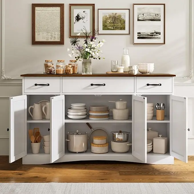 GIZOON Adjustable Side Cabinet - Chic Farmhouse Sideboard Buffets Cabinet, Manufactured Wood Piece with Compartmentalized Slide Drawer, High-Capacity for Kitchen/Dining Room, 15.2" D x 55.1" W x 31.9" H, White/Rustic Brown